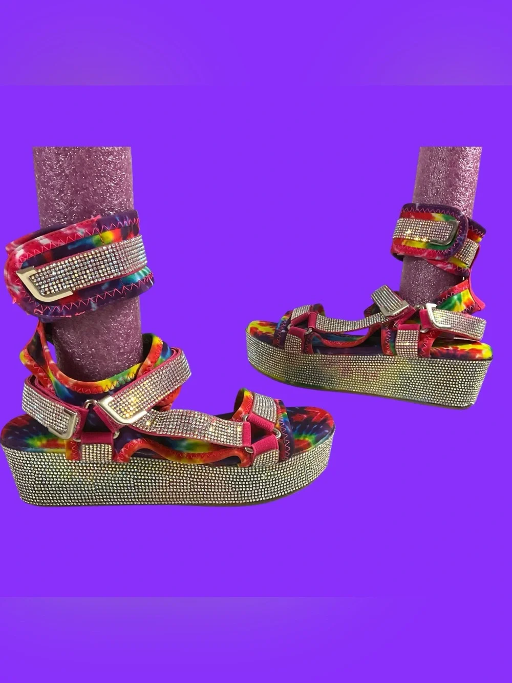 Azalea Wang Force Multicolor Tie-Dye Platform Sandals w/Rhinestone Straps Size 8